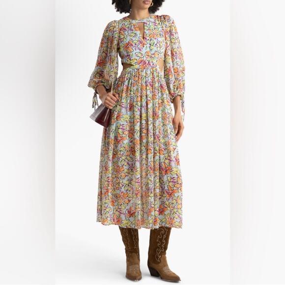 Maje Cutout Floral Georgette Midi Dress NWT Size 38 (M) & 40 (L) Designer - Picture 1 of 16